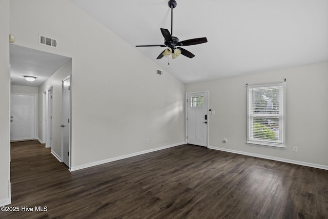 208 E Lakeridge Lndg, Jacksonville, NC 28546 - entryway with dark wood-type flooring, ceiling fan, baseboards, and high vaulted ceiling