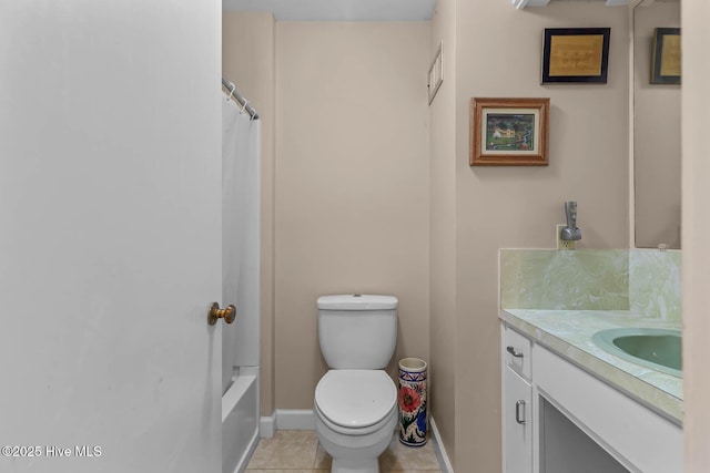 bathroom with toilet, vanity, baseboards, tile patterned flooring, and shower / bathtub combination with curtain