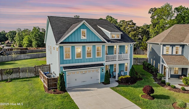view of front of home featuring board and batten siding, concrete driveway, a garage, a shingled roof, and a balcony