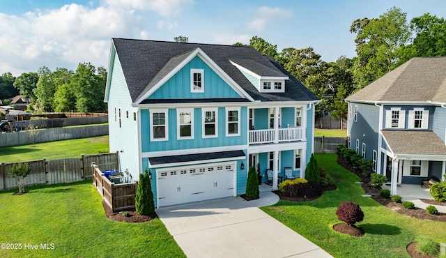 view of front of property featuring board and batten siding, concrete driveway, an attached garage, and roof with shingles