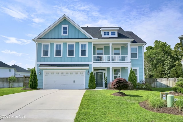 view of front of house featuring board and batten siding, driveway, a garage, a balcony, and roof with shingles