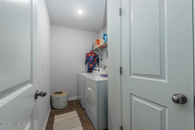 308 Isabelle St Lot # 986, New Bern, NC 28560 - laundry area with independent washer and dryer, dark wood-style floors, and baseboards