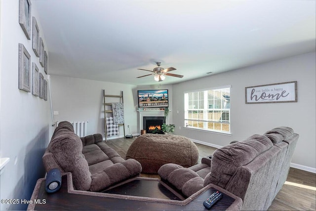 308 Isabelle St Lot # 986, New Bern, NC 28560 - living room featuring a warm lit fireplace, a ceiling fan, baseboards, and wood finished floors