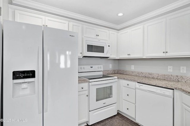 kitchen featuring white appliances, white cabinets, ornamental molding, recessed lighting, and light stone countertops