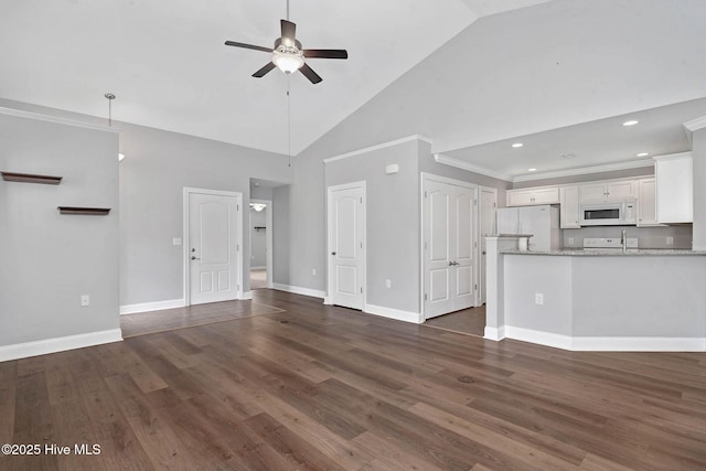unfurnished living room featuring a ceiling fan, dark wood-style flooring, high vaulted ceiling, baseboards, and recessed lighting