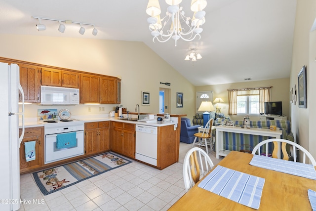 kitchen featuring white appliances, a peninsula, rail lighting, open floor plan, and a sink