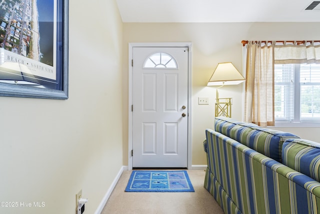entrance foyer with baseboards, healthy amount of natural light, and carpet floors