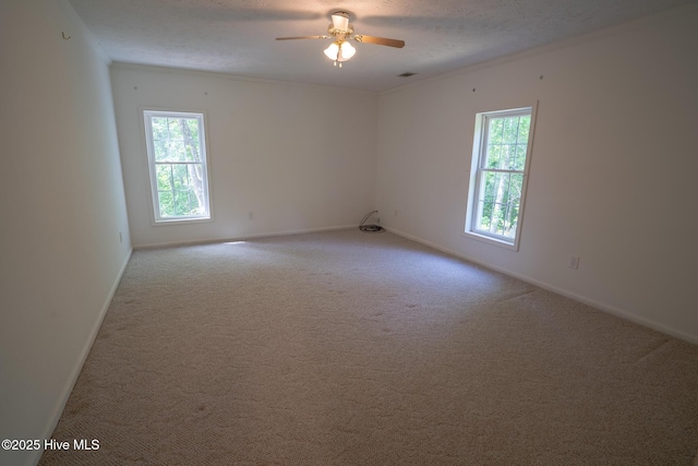 spare room with plenty of natural light, carpet flooring, a ceiling fan, baseboards, and a textured ceiling
