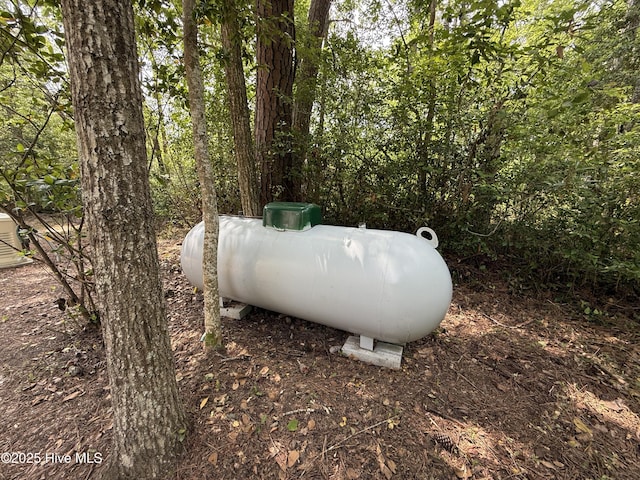 exterior view of gas tank and a forest view