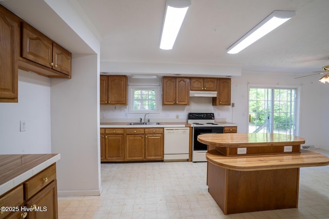 kitchen with white dishwasher, electric range oven, a sink, under cabinet range hood, and light flooring