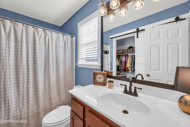 full bath featuring toilet, vanity, and a shower with curtain
