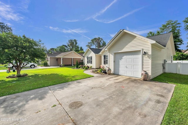 ranch-style house with an attached garage, driveway, and a shingled roof