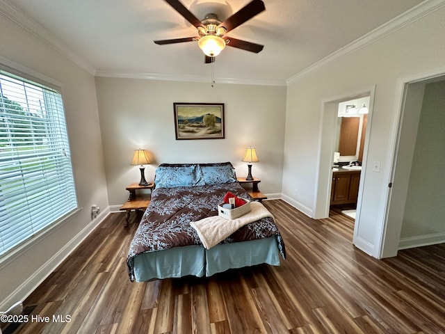 146 N Ravenwood Ln, Belhaven, NC 27810 - bedroom with ornamental molding, dark wood-style flooring, baseboards, a ceiling fan, and ensuite bath