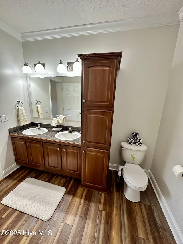 146 N Ravenwood Ln, Belhaven, NC 27810 - bathroom featuring ornamental molding, wood finished floors, double vanity, baseboards, and a textured ceiling