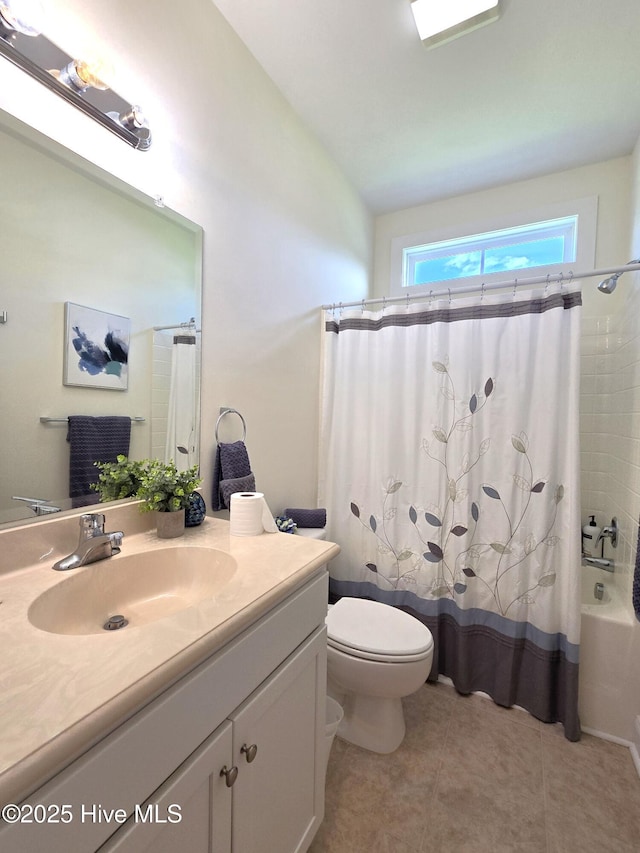 105 Argosy Dr, New Bern, NC 28560 - bathroom featuring tile patterned floors, toilet, vanity, shower / bathtub combination with curtain, and vaulted ceiling
