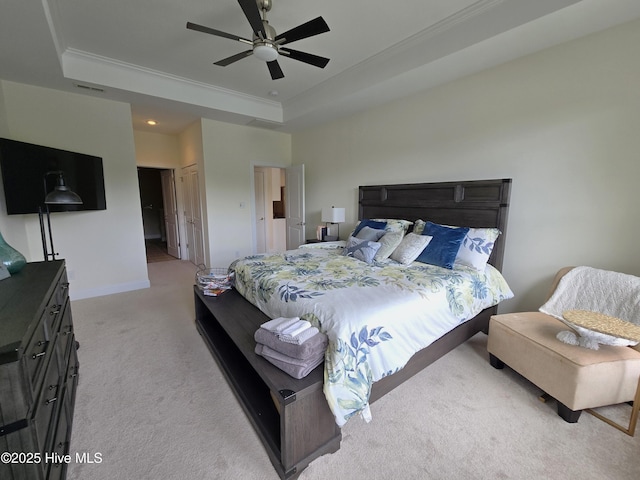 105 Argosy Dr, New Bern, NC 28560 - bedroom featuring light carpet, a raised ceiling, crown molding, baseboards, and ceiling fan