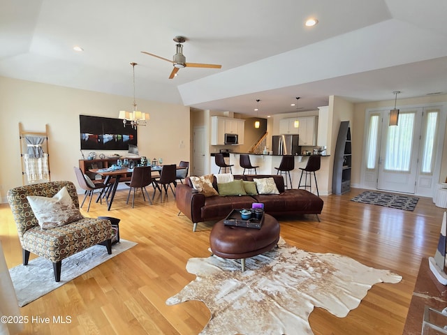 105 Argosy Dr, New Bern, NC 28560 - living room featuring light wood finished floors, a chandelier, ceiling fan, and recessed lighting
