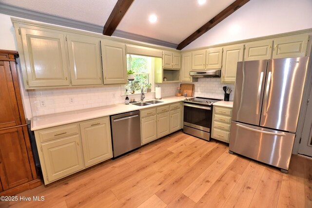 kitchen featuring stainless steel appliances, under cabinet range hood, backsplash, a sink, and light countertops