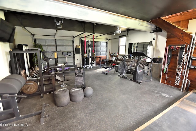 exercise room with a garage
