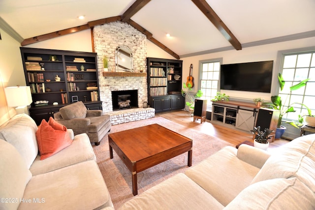 living area featuring a large fireplace and wood finished floors