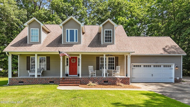 view of front of home with crawl space, covered porch, driveway, a front yard, and a garage