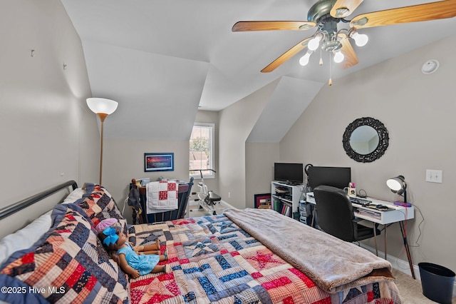 bedroom featuring lofted ceiling, carpet flooring, baseboards, and a ceiling fan