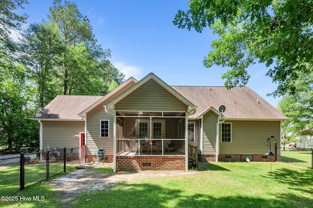 back of house featuring a sunroom, crawl space, and roof with shingles