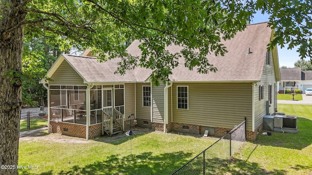 401 Cedar Ln, Washington, NC 27889 - back of house featuring a sunroom, crawl space, roof with shingles, and central air condition unit