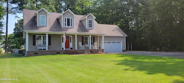 cape cod-style house featuring covered porch, a garage, a front lawn, and asphalt driveway