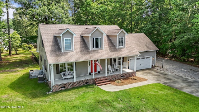 view of front of home featuring covered porch, crawl space, driveway, a garage, and a front lawn