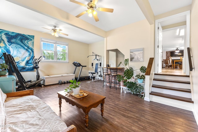 209 Inlet Dr, Wilmington, NC 28411 - living area featuring ceiling fan, wood finished floors, stairs, and baseboards