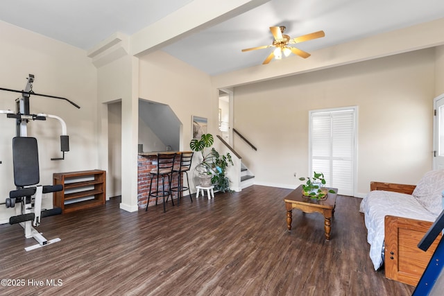 209 Inlet Dr, Wilmington, NC 28411 - living area with wood finished floors, a ceiling fan, stairway, and baseboards