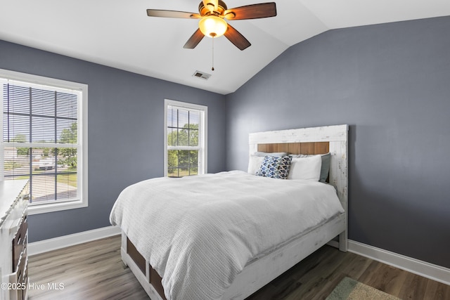 112 Norine Dr, Holly Ridge, NC 28445 - bedroom with lofted ceiling, baseboards, wood finished floors, and ceiling fan