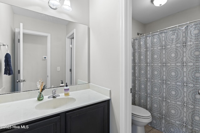 112 Norine Dr, Holly Ridge, NC 28445 - bathroom featuring toilet, tile patterned flooring, vanity, and curtained shower