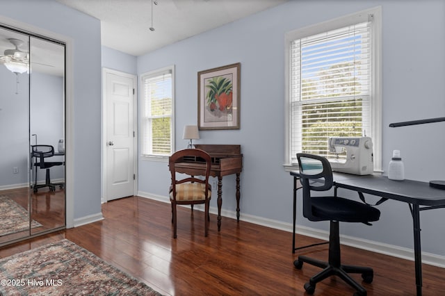 807 Cheryl Ln, Wilmington, NC 28405 - home office with ceiling fan, wood finished floors, and plenty of natural light