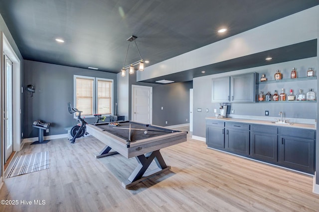 353 Spicer Lake Dr, Holly Ridge, NC 28445 - recreation room with baseboards, bar with sink, billiards table, light wood-style floors, and recessed lighting