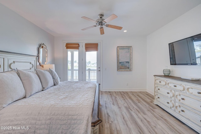 353 Spicer Lake Dr, Holly Ridge, NC 28445 - bedroom with access to exterior, light wood-style flooring, baseboards, recessed lighting, and ceiling fan