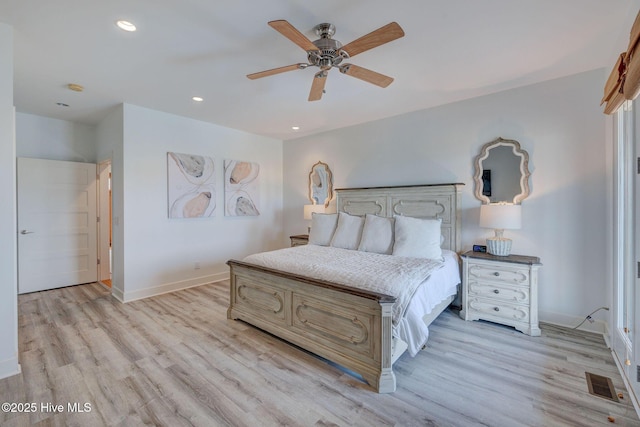 353 Spicer Lake Dr, Holly Ridge, NC 28445 - bedroom featuring light wood-type flooring, baseboards, recessed lighting, and ceiling fan
