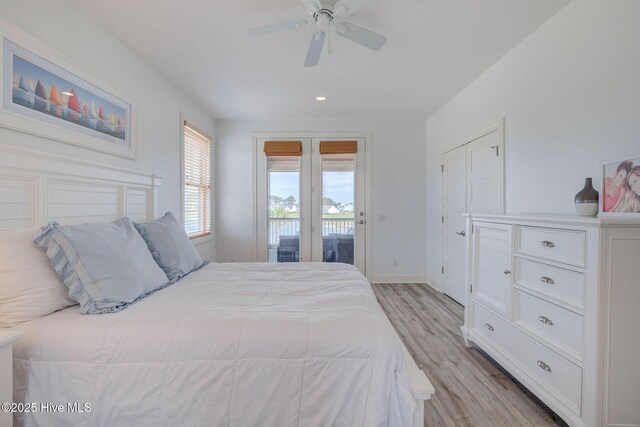 353 Spicer Lake Dr, Holly Ridge, NC 28445 - bedroom with light wood-type flooring, access to outside, baseboards, ceiling fan, and recessed lighting