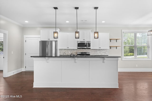 1213 Daisy Ct, Holly Ridge, NC 28445 - kitchen with appliances with stainless steel finishes, dark countertops, baseboards, white cabinets, and tasteful backsplash