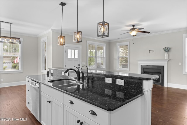 1213 Daisy Ct, Holly Ridge, NC 28445 - kitchen with a sink, a kitchen island with sink, dark wood-type flooring, dishwasher, and crown molding