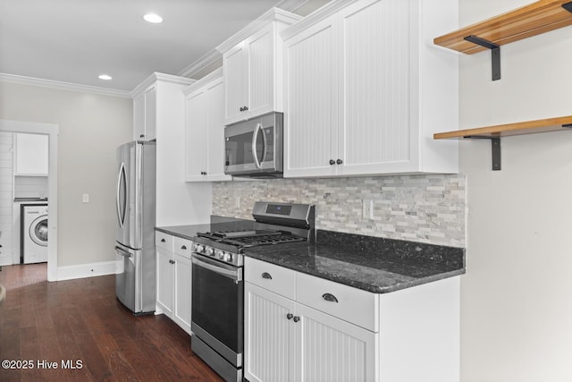 1213 Daisy Ct, Holly Ridge, NC 28445 - kitchen with appliances with stainless steel finishes, open shelves, washer / clothes dryer, white cabinetry, and crown molding