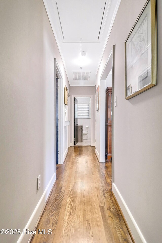 1111 Baxter St, Elizabeth City, NC 27909 - corridor featuring attic access, light wood-style flooring, ornamental molding, and baseboards