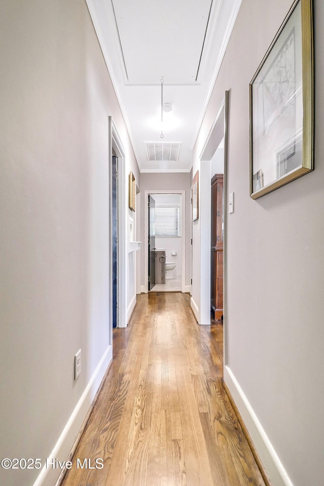 1111 Baxter St, Elizabeth City, NC 27909 - corridor with attic access, light wood finished floors, and ornamental molding