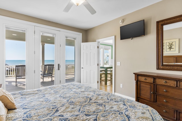 bedroom with access to outside, french doors, baseboards, and ceiling fan