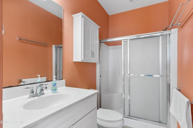 bathroom featuring a shower stall, vanity, and toilet