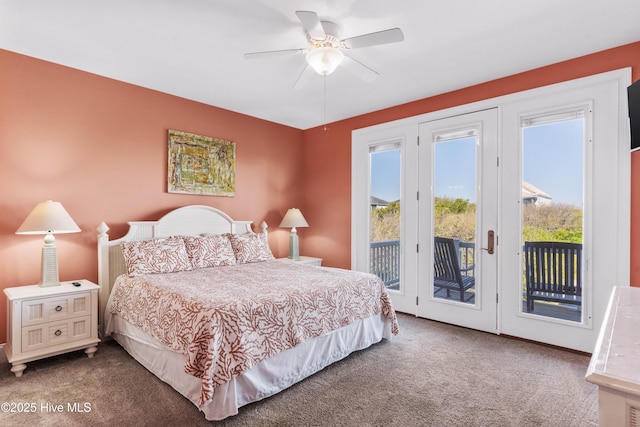 bedroom with dark carpet, access to exterior, and a ceiling fan