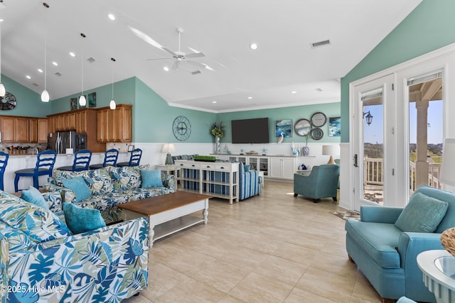 living area featuring ceiling fan, high vaulted ceiling, recessed lighting, and light tile patterned flooring