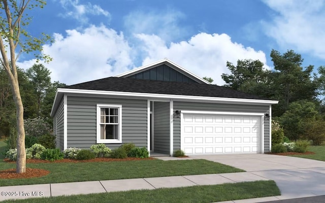 ranch-style home with concrete driveway, a garage, roof with shingles, and a front lawn