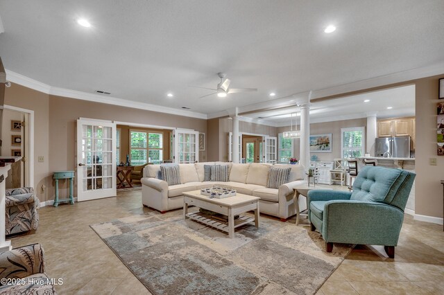 1204 Pine Valley Rd, North Myrtle Beach, SC 29582 - living area with decorative columns, french doors, ornamental molding, a ceiling fan, and recessed lighting